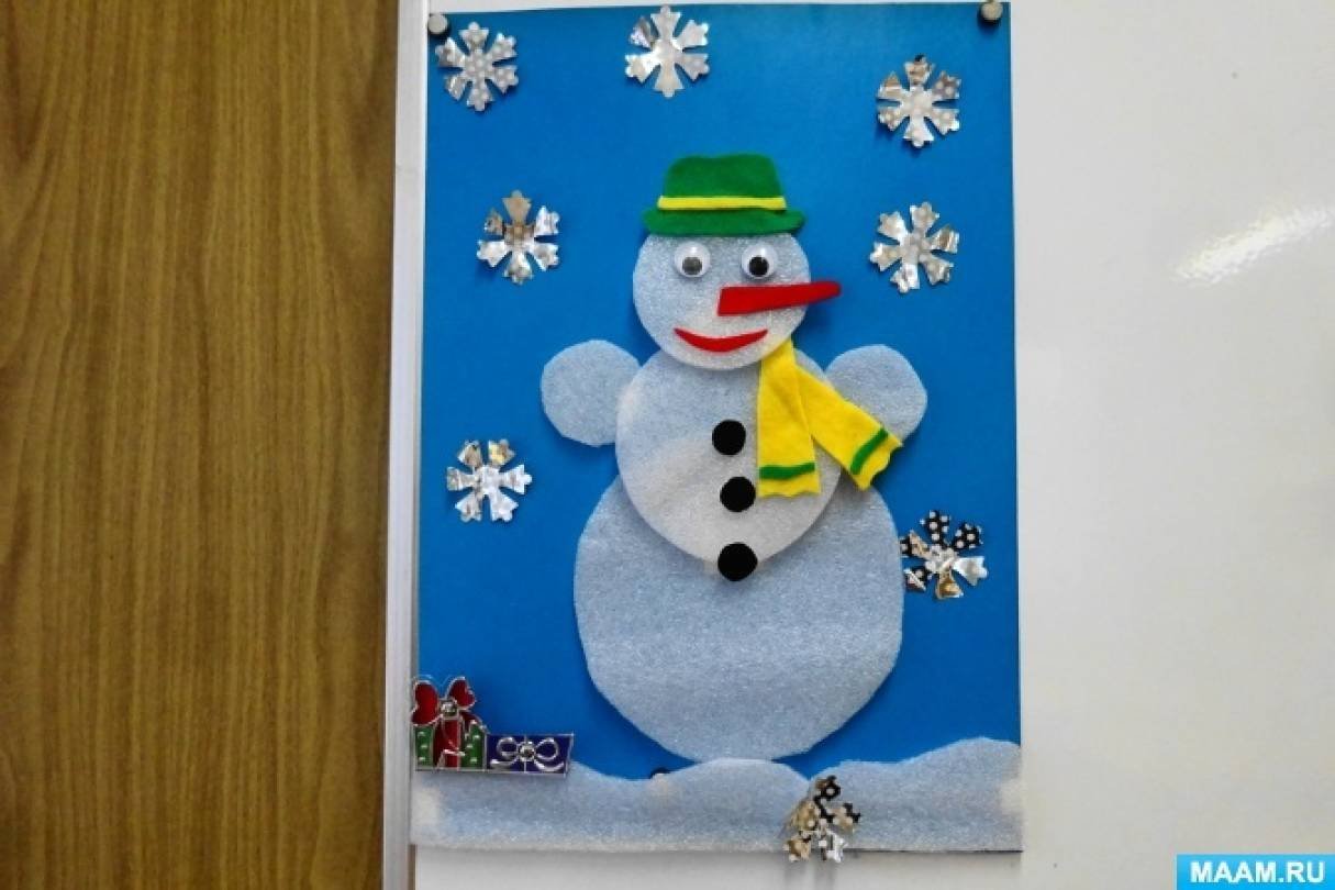 Аппликации снеговики в шапочках и шарфиках фото