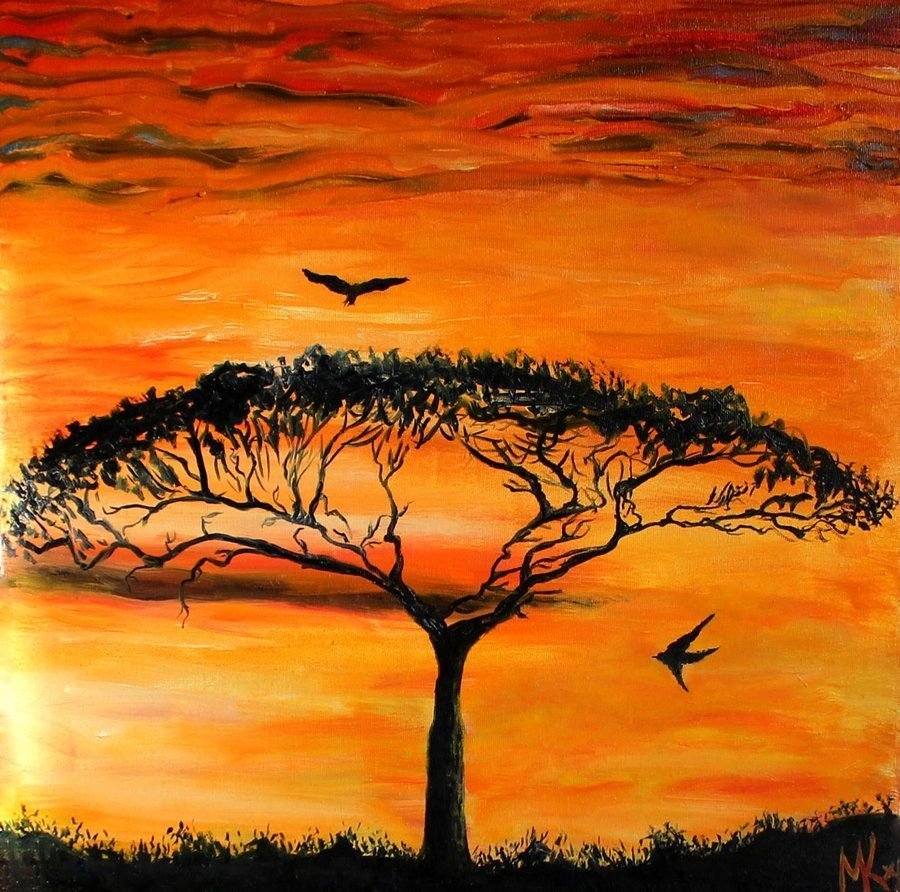 Дерево на закате рисунок для начинающих фото