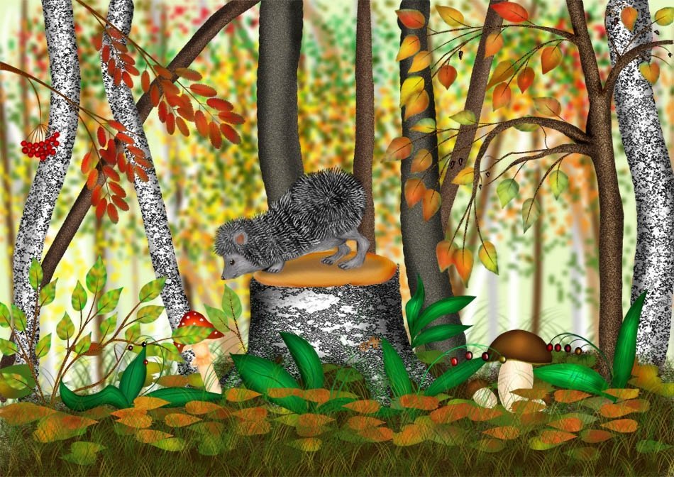 Детские рисунки грибы в осеннем лесу фото