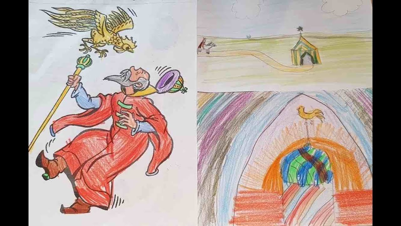 Детские рисунки к сказке о золотом петушке фото