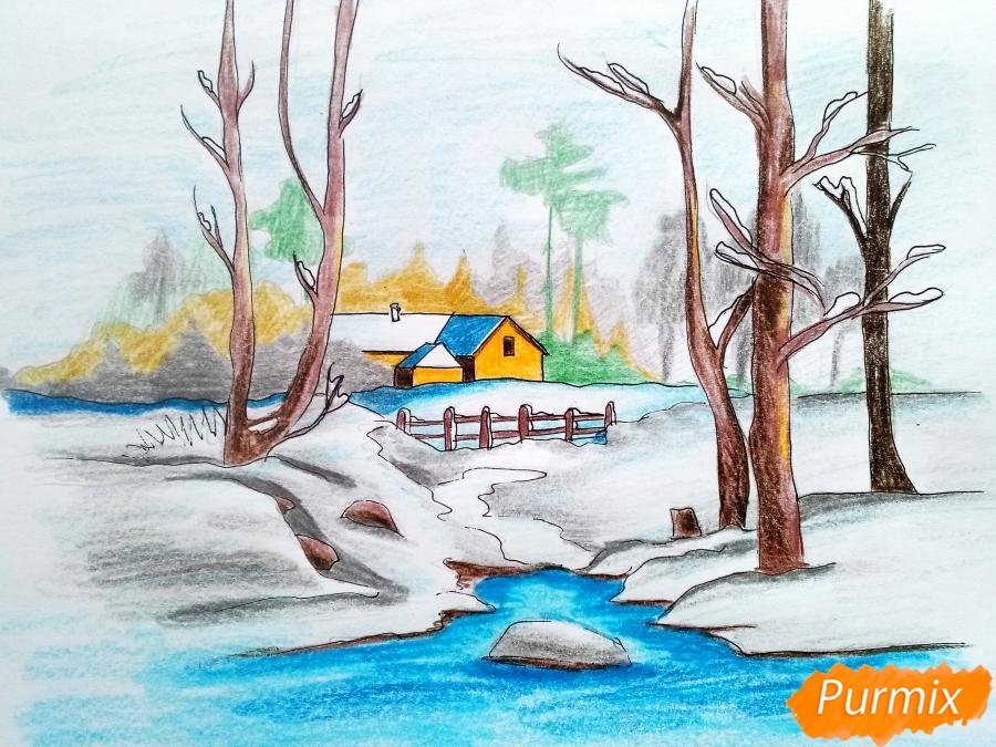 Детские рисунки зимы цветными карандашами легкие фото