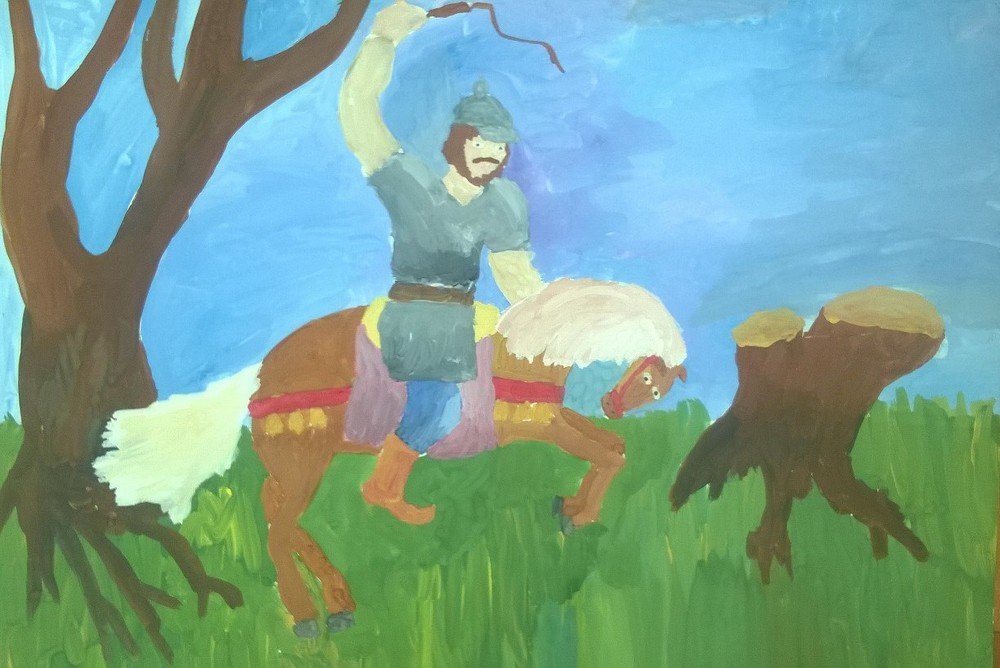 Детский рисунок богатырь на коне фото