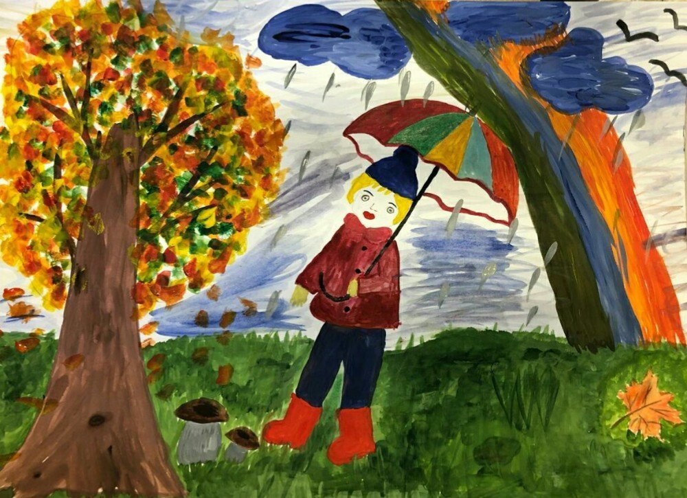 Детский рисунок дождь осенью фото