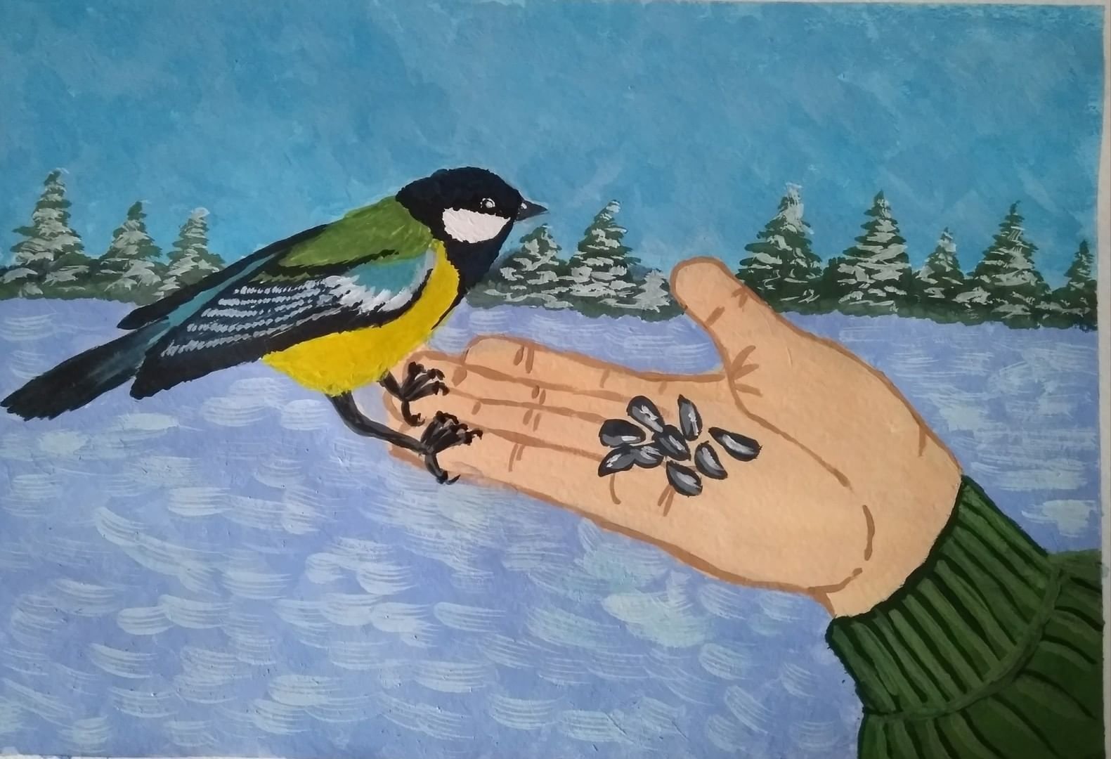 Детский рисунок кормим птиц фото