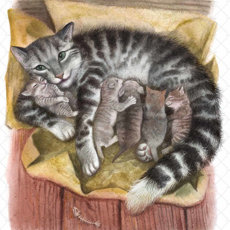 Детский рисунок кошка кормит котят фото