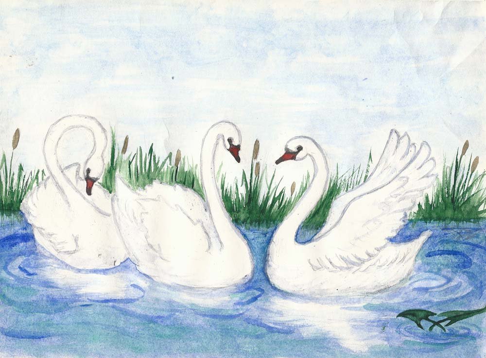 Детский рисунок лебедь на озере фото
