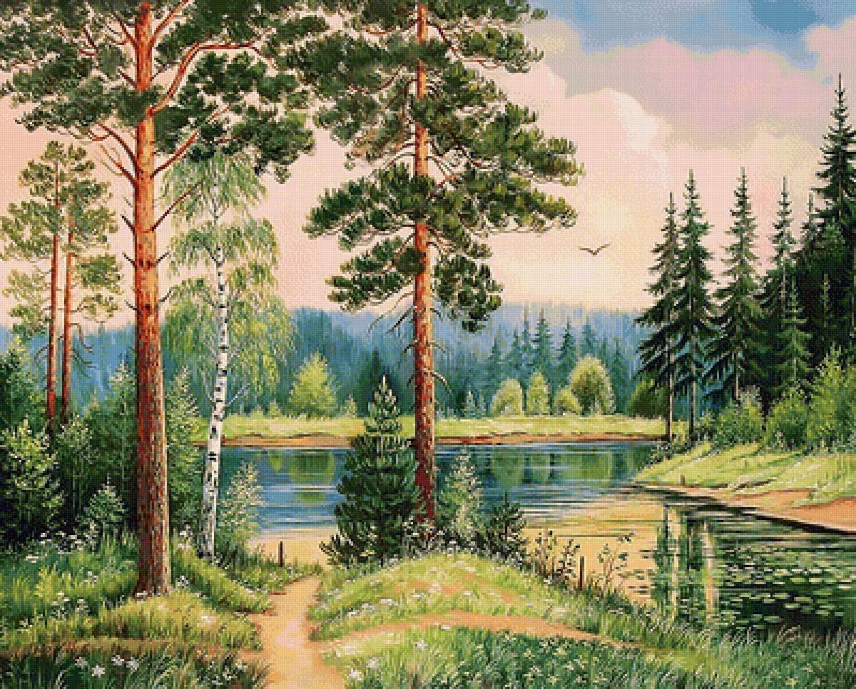 Детский рисунок озеро в лесу фото