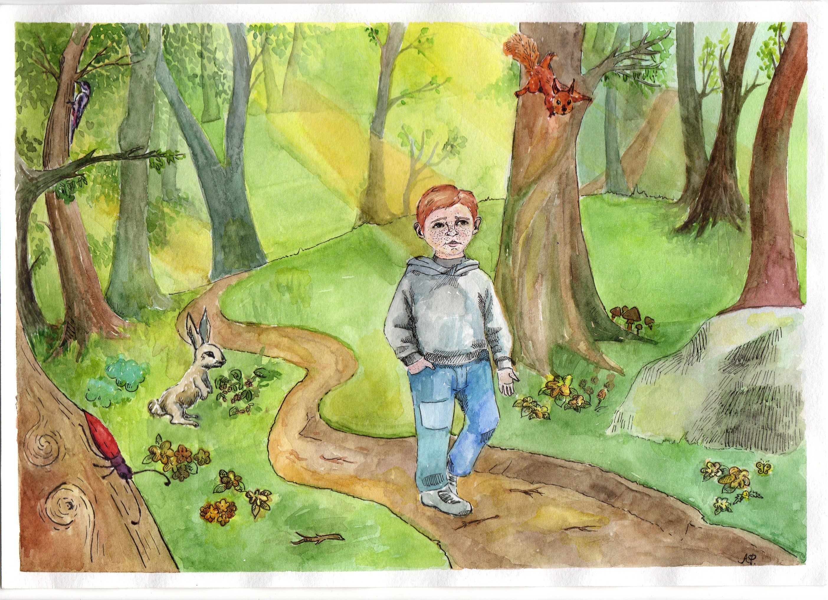 Детский рисунок прогулка в лесу фото