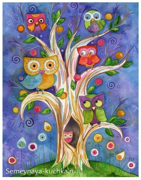 Детский рисунок сова на дереве фото