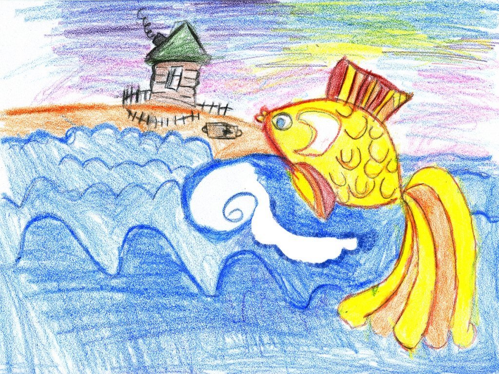 Детский рисунок старик и золотая рыбка фото