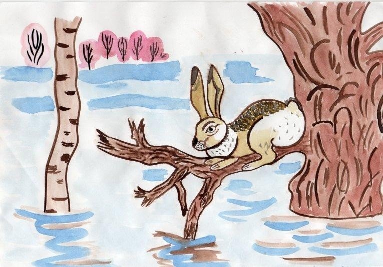 Детский рисунок заяц в лесу фото