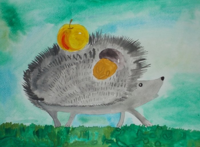 Ежик с яблоком детский рисунок фото