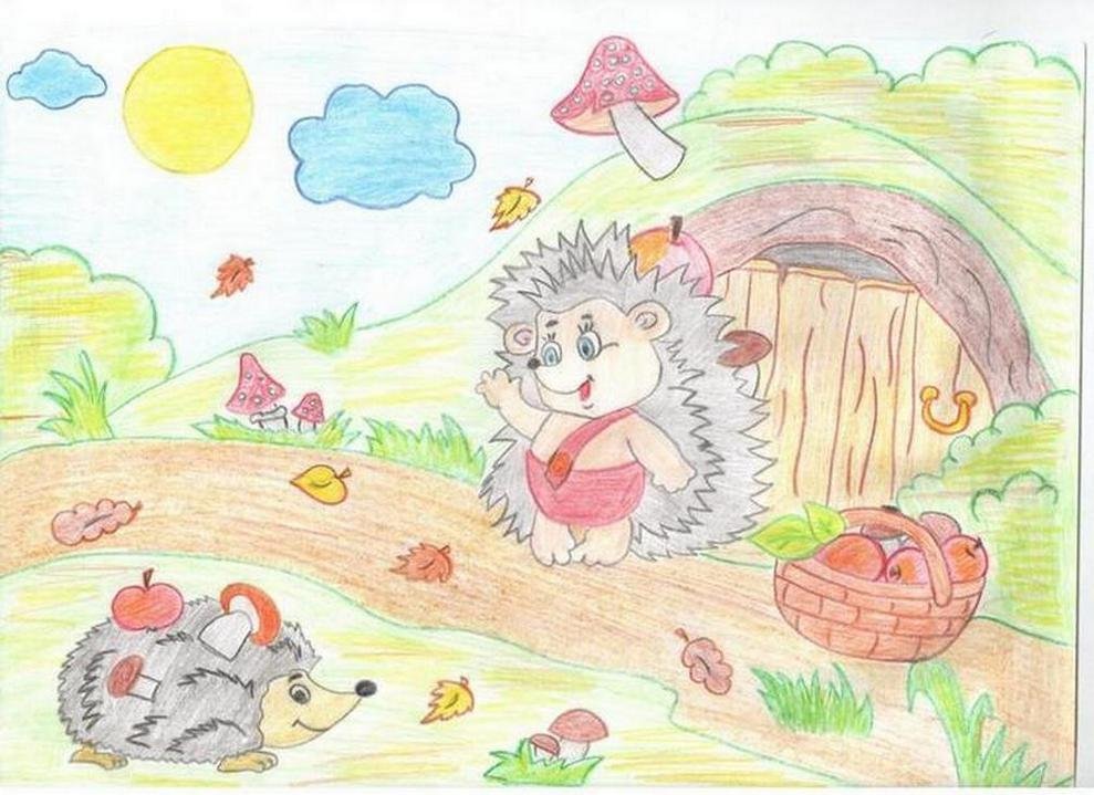 Ежик в осеннем лесу рисунок детский фото