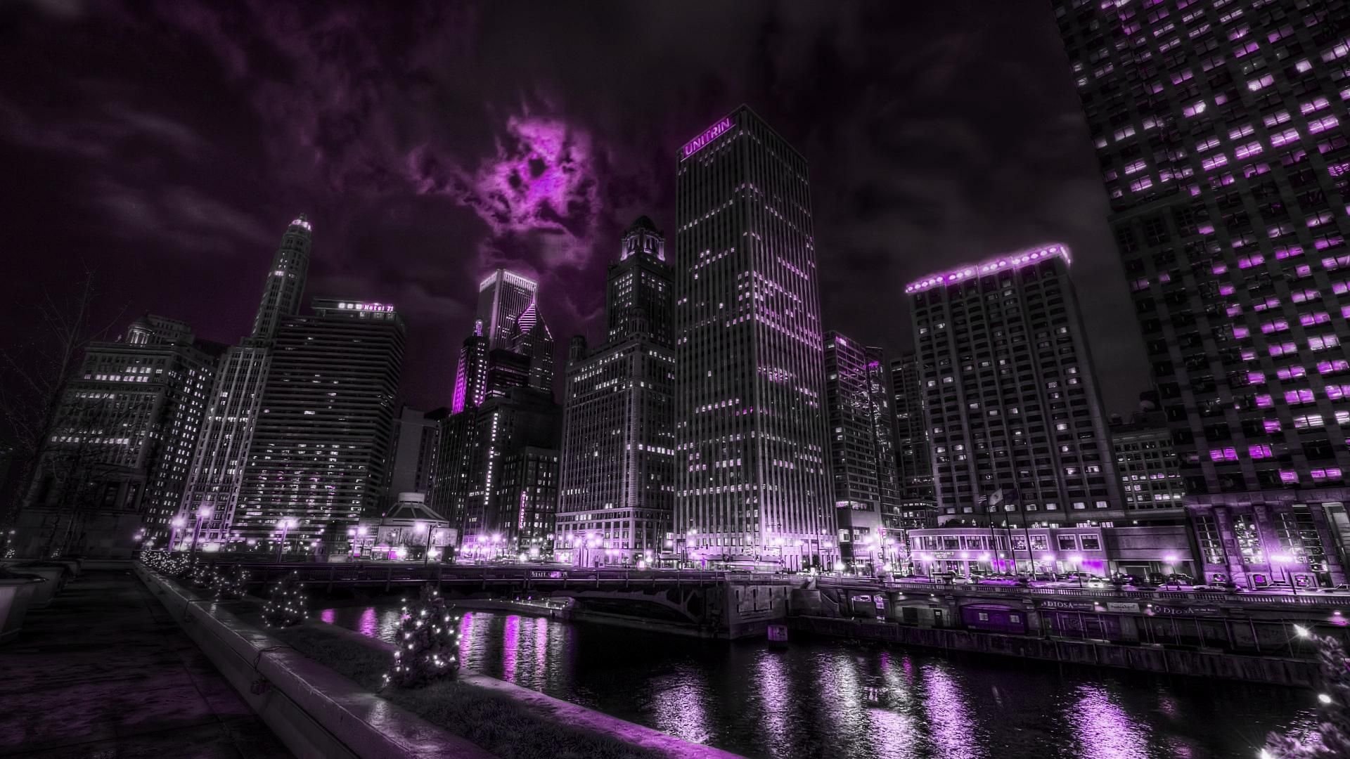 Фиолетовый ночной город обои фото