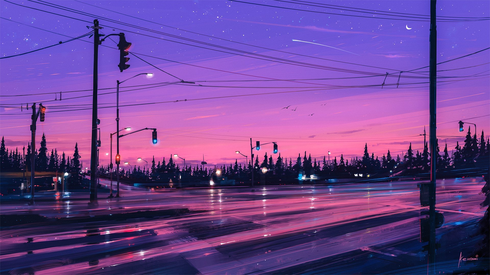 Фиолетовые аниме обои город фото