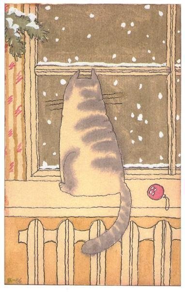 Кот на окне детский рисунок фото