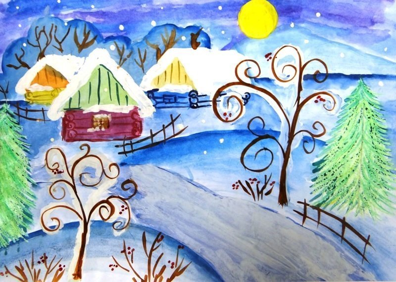 Красивый детский рисунок на тему зима фото
