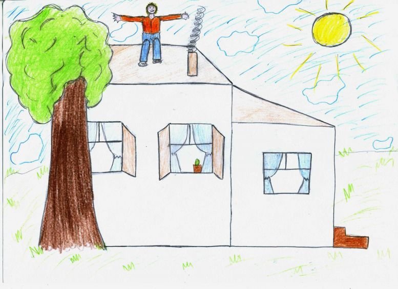 На детском рисунке домик с трубой чайф фото