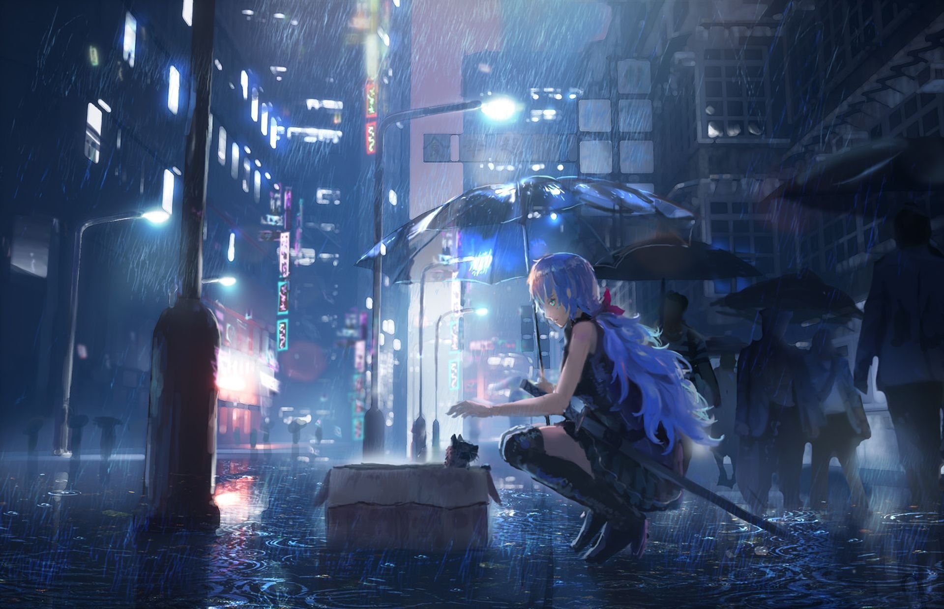 Обои аниме город дождь фото