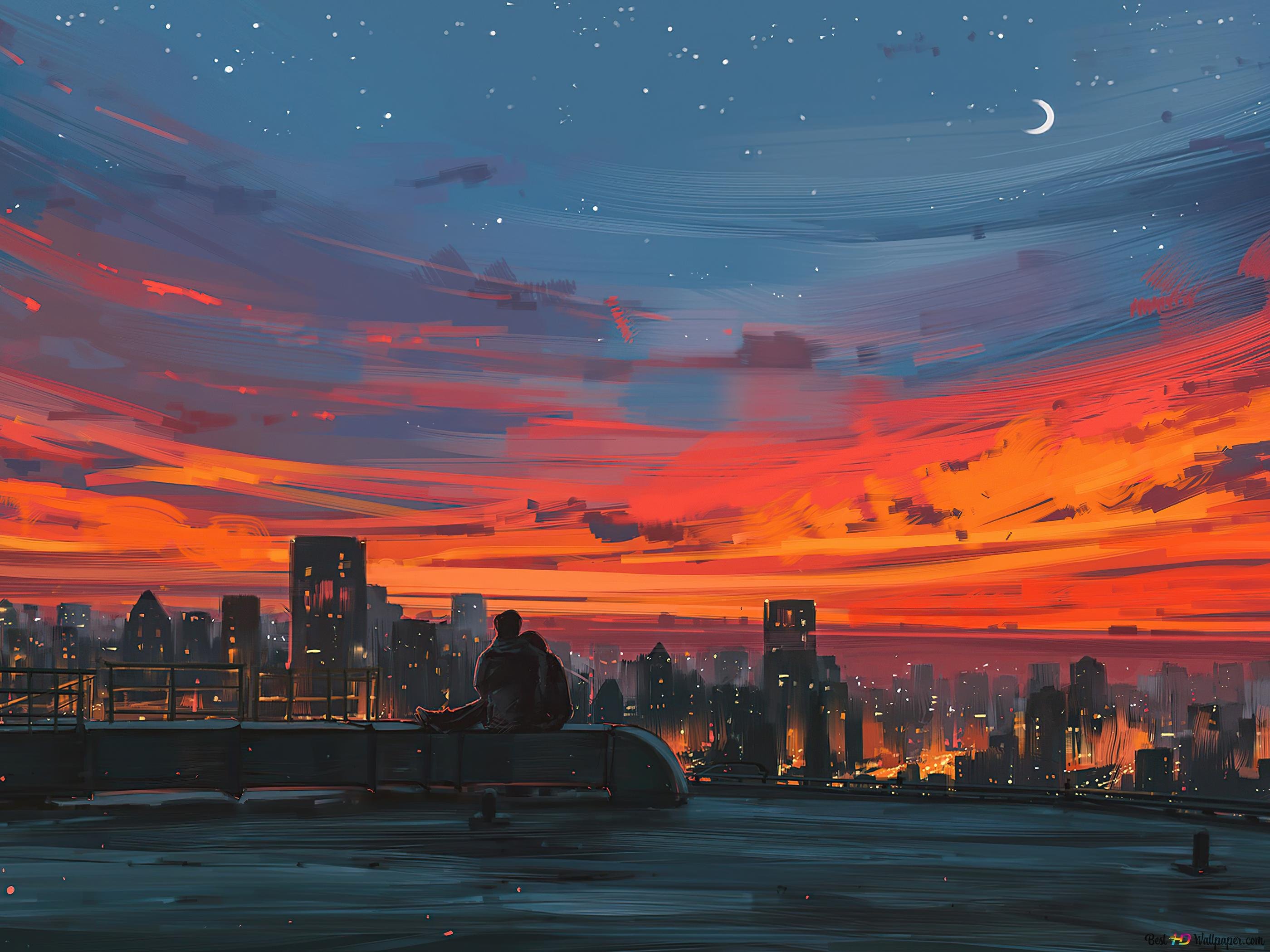 Обои аниме город закат фото