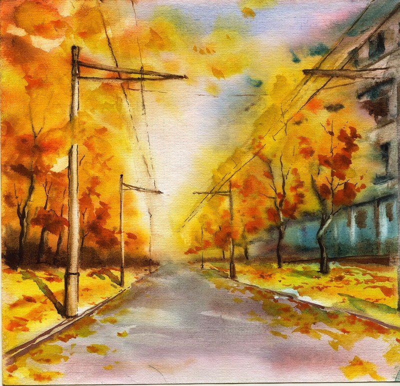 Осенний городской пейзаж детский рисунок фото