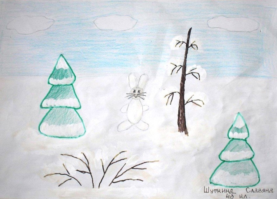 Поэтапно рисунок простым карандашом зимы фото