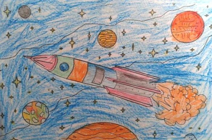 Полет гагарина в космос детский рисунок фото