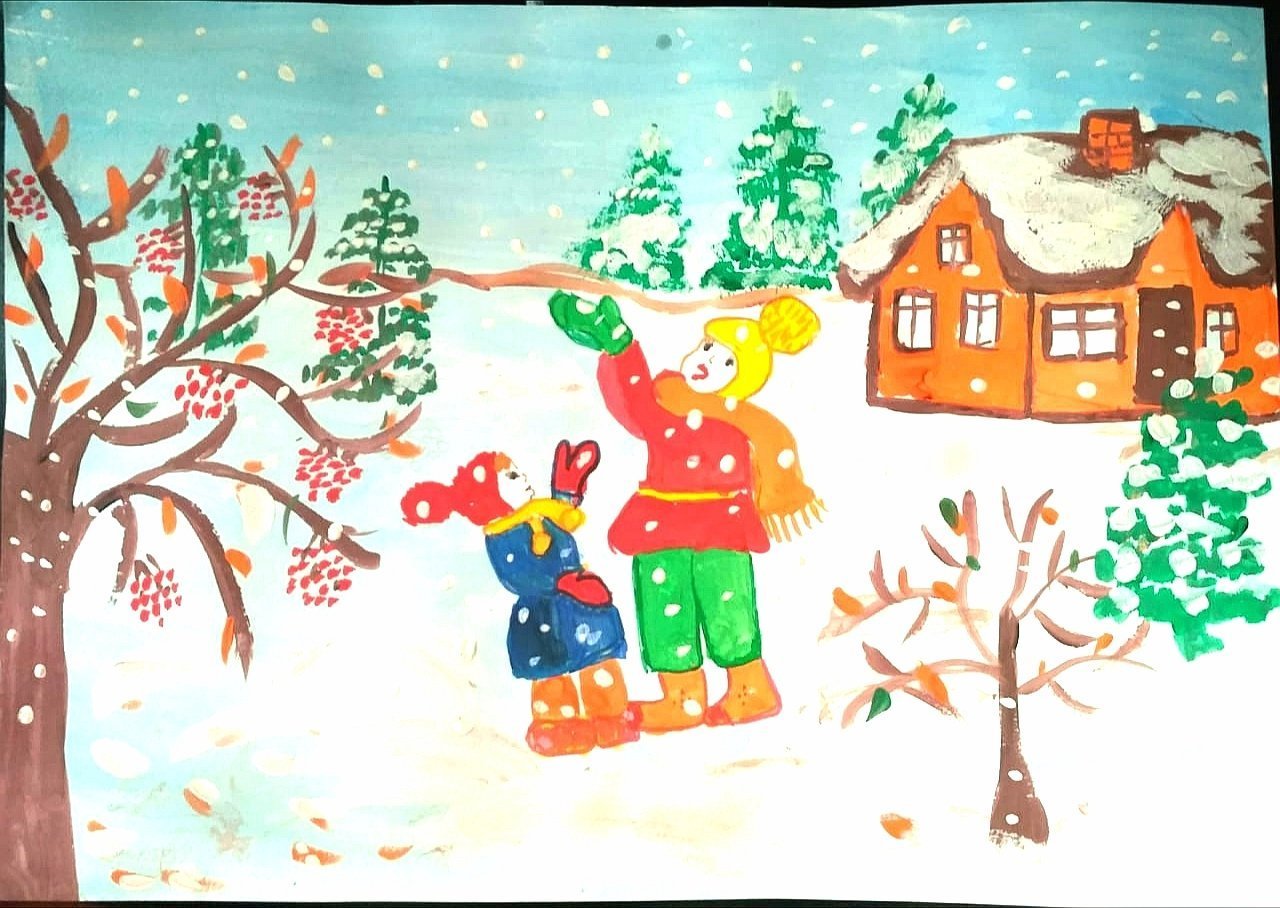 Рисунки детей на тему первый снег фото