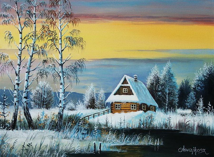 Рисунки на тему зима в деревне фото
