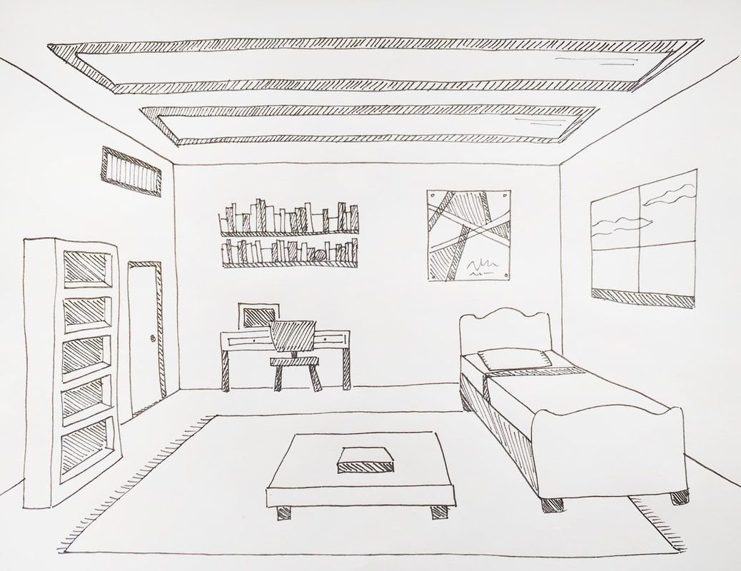 Рисунок интерьера комнаты карандашом для начинающих легко фото