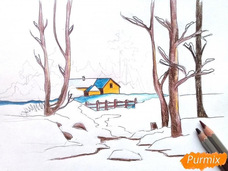 Рисунок карандашом зимний день легкий фото