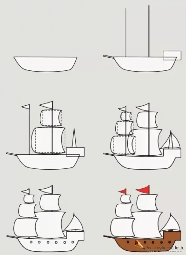 Рисунок кораблика с парусами для детей поэтапно фото