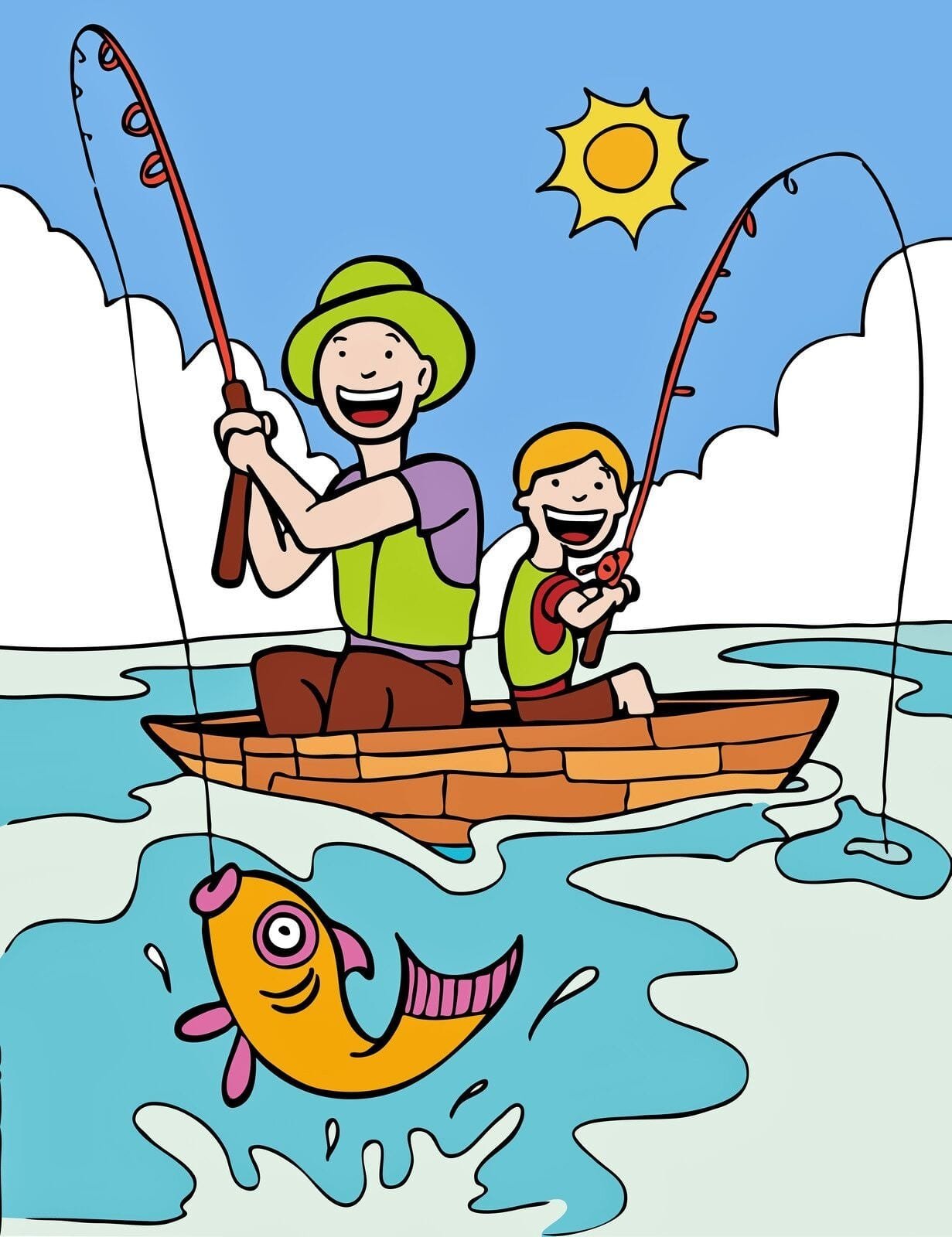 Рисунок на рыбалке детский с лодкой с папой фото
