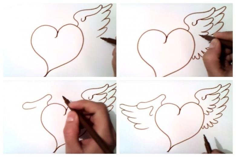 Сердце с крыльями рисунок поэтапно фото
