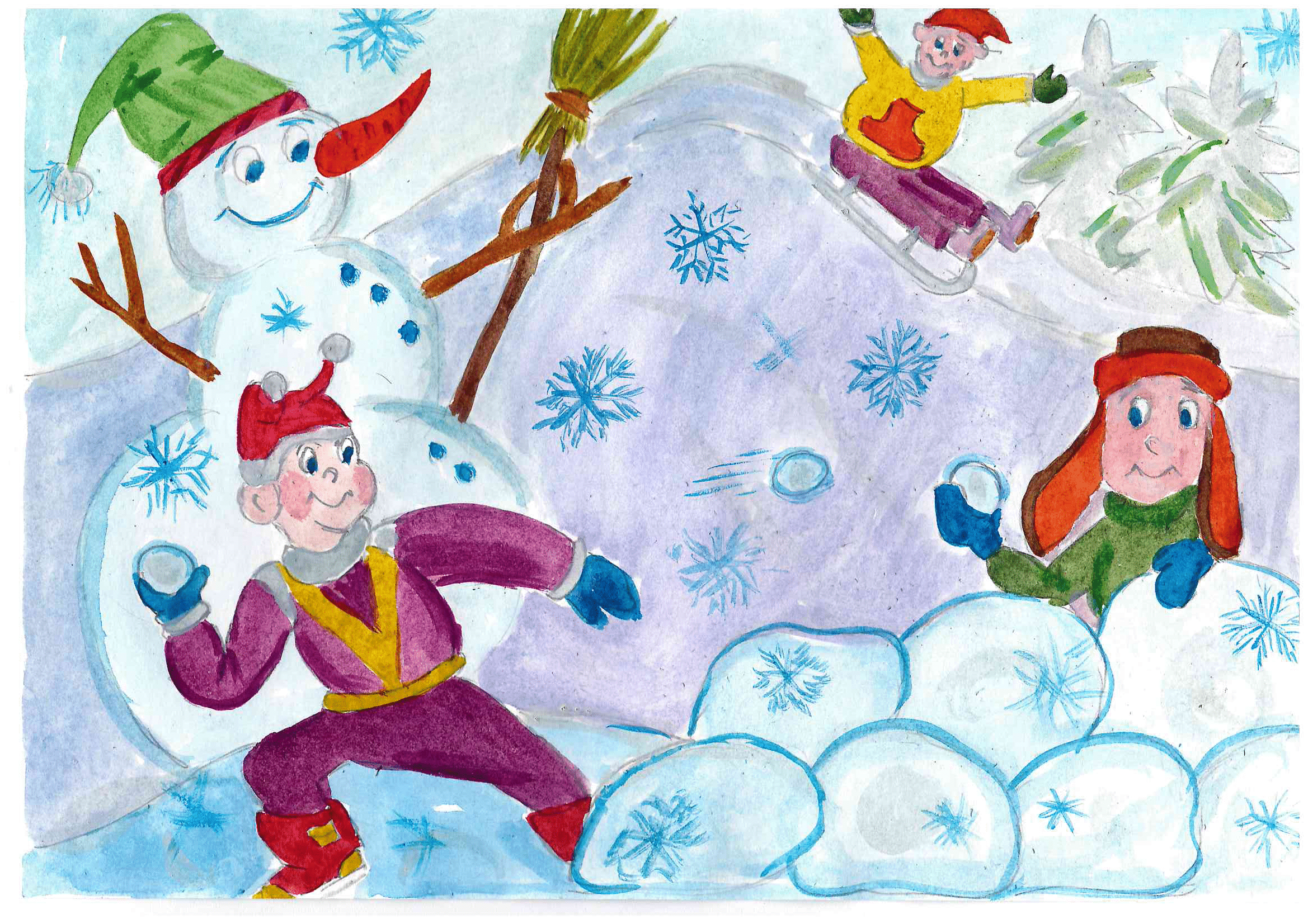 Зимние забавы рисунок в детский сад легкие фото