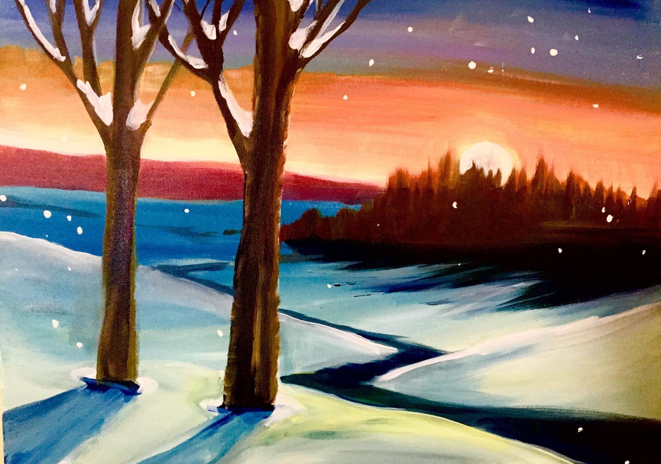 Зимний пейзаж рисунок гуашью легкие поэтапно фото