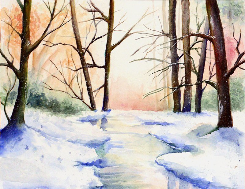 Зимний пейзаж рисунок легкий красками акварелью поэтапно фото